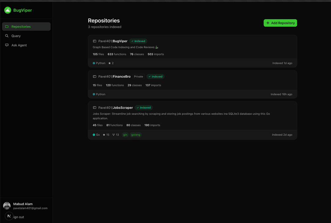 BugViper - GraphRAG-based AI Code Review and Repository Intelligence Platform screenshot 1